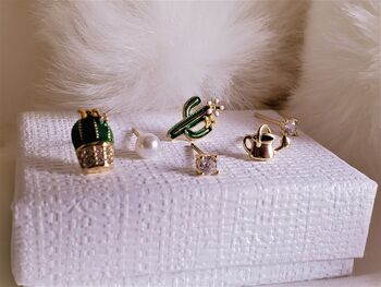 Cactus And Watering Can Mismatched Stud Earrings Set 14 K Gold Plated With Pearl, Gift For Her Plant Lover Jewellery, 3 of 9