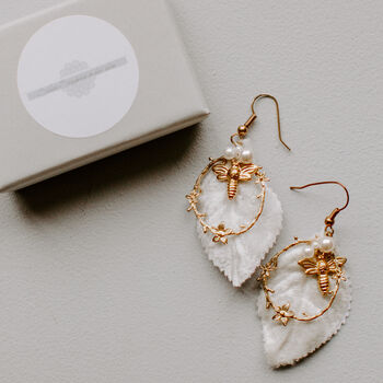 Artisan Velvet Leaf And Little Gold Bee Dropper Earrings, 2 of 4