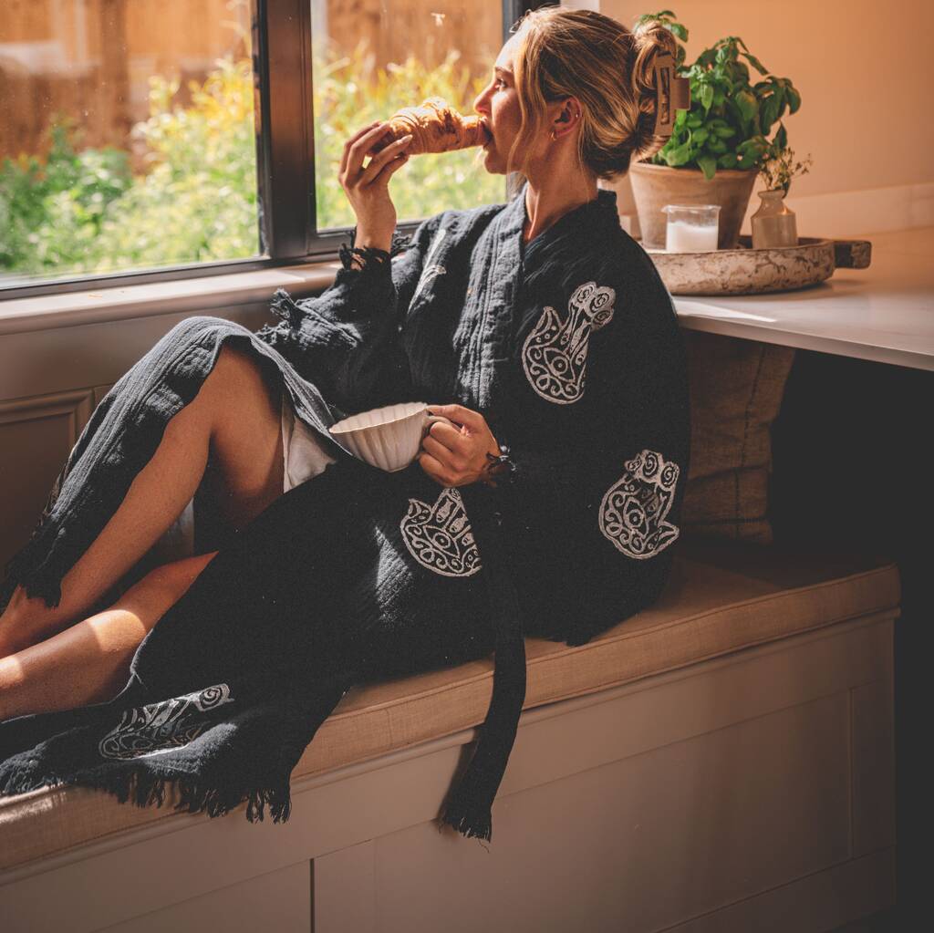 Long Organic Cotton Robe: Black With Hamsa Hand