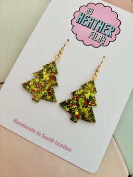 Green And Red Christmas Tree Glitter Resin Earrings / Traditional Holiday Jewellery / Christmas Gift / Secret Santa Gift, 4 of 10