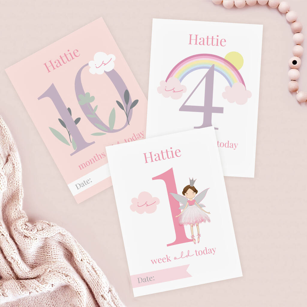 Personalised Baby Girl Fairy Princess Baby Milestone Cards, 1 of 3