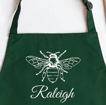 Personalised Bee Apron In Bottle Green, 3 of 5