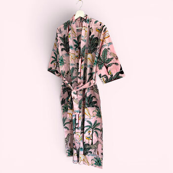 Jungle Print 100% Cotton Dressing Gown In Pale Pink, 5 of 7