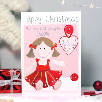Personalised Rag Doll Girl 1st Christmas Card, 3 of 7