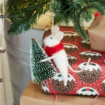 Mouse With A Red Scarf And Tree Felt Decoration, 2 of 3