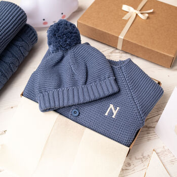 Luxury Storm Blue Bobble Hat And Cardigan Baby Gift Box, 3 of 12