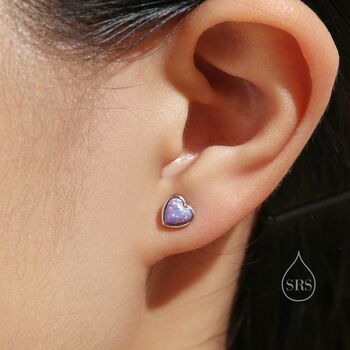 Sterling Silver Purple Opal Heart Screw Back Earrings, 2 of 9