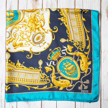 Vintage Turquoise/Navy Nautical Print 100% Silk Scarf By Iamia ...