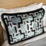 Modern, Oblong, Velvet, Ikat, Cushion With Black Silk Tassels Blue, Black And Silver Abstract Design, thumbnail 5 of 6