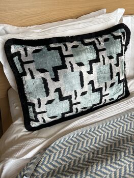 Modern, Oblong, Velvet, Ikat, Cushion With Black Silk Tassels Blue, Black And Silver Abstract Design, 5 of 6