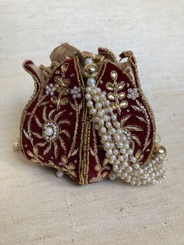 Maroon Handcrafted Velvet Potli Bag/Wrist Bag, 4 of 6