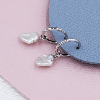Sterling Silver Irregular Shaped Baroque Pearl Dangle Hoop Earrings, 3 of 12