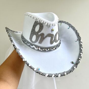 Personalised Bride To Be White Cowboy Hat With Veil, 6 of 9