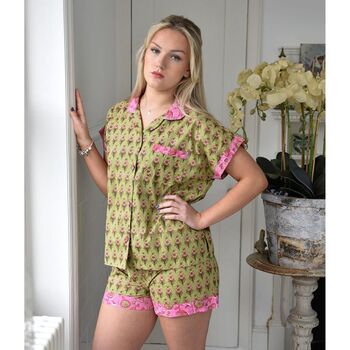 Block Printed Green And Pink Floral Cotton Short Pyjama Set, 4 of 5