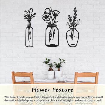 Three Pieces Black Metal Vase Art Flower Wall Décor, 5 of 6