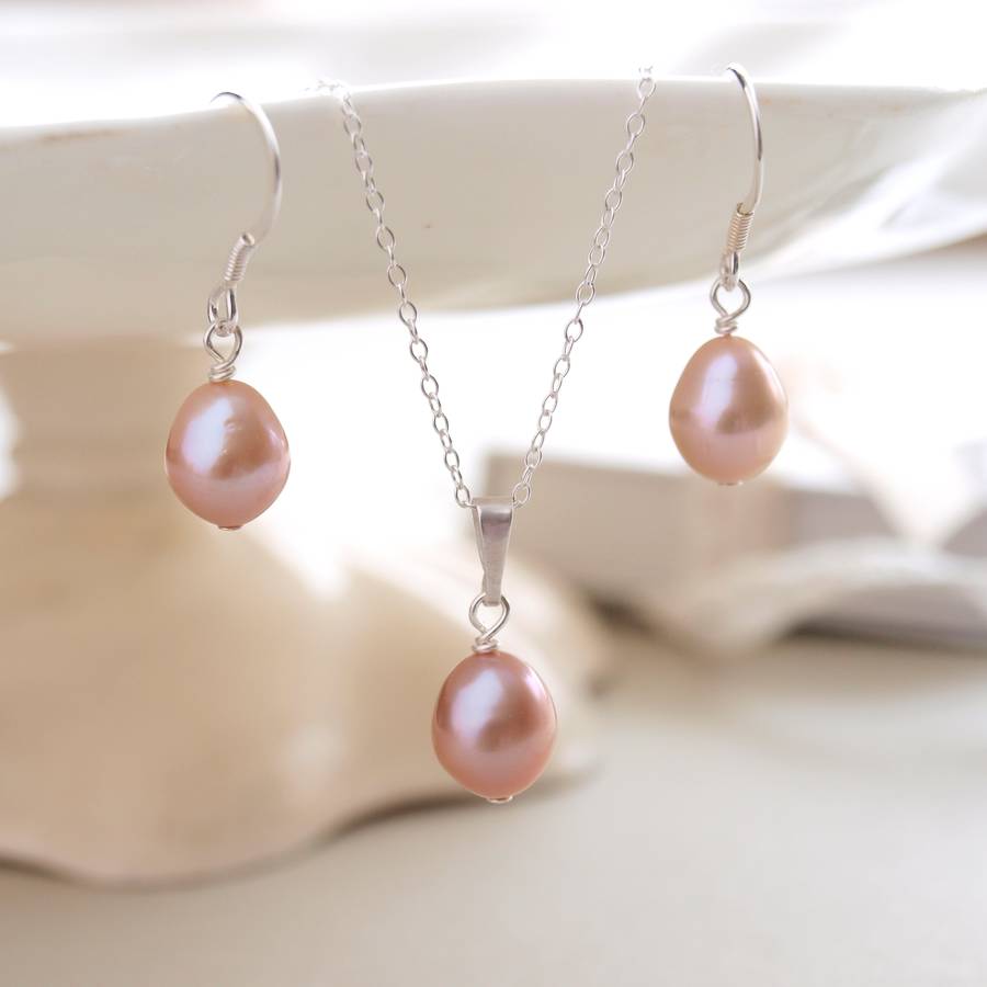 Pink Pearl Bridal Earrings And Necklace Set By Jewellery Made Me Pink Pearl Bridal Earrings And Necklace Set