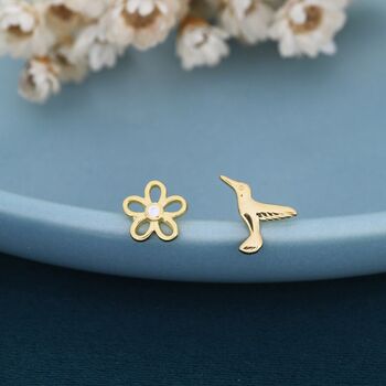 Mismatched Hummingbird And Flower Stud Earrings, 5 of 12