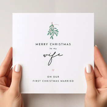 Wife / Husband First Married Christmas Card: Mistletoe And Pink Heart Design, 11 of 12