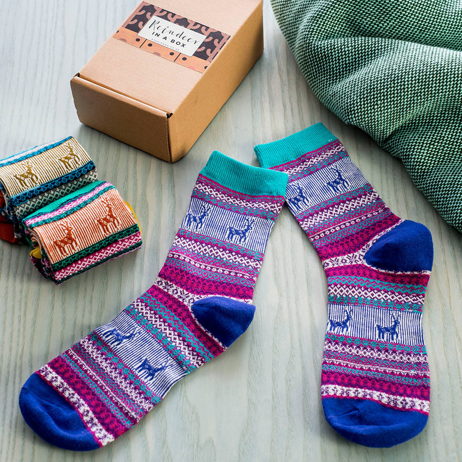 christmas reindeer socks gift box of three by studio hop