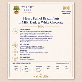 Milk, Dark And White Chocolate Brazil Nut Heart Tin Gift – 300g, 7 of 7