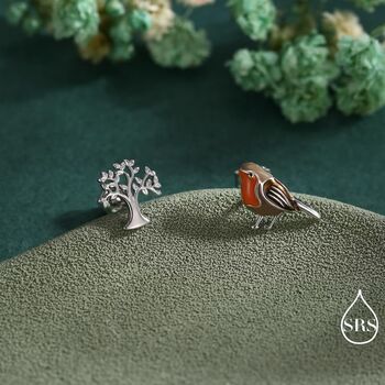 Mismatched Robin Bird And Tree Stud Earrings In Sterling Silver, 4 of 12
