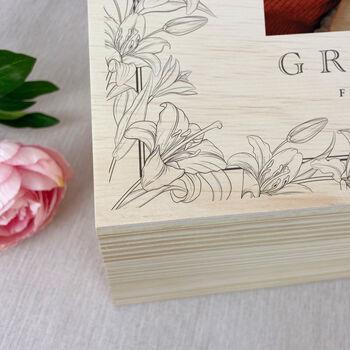Personalised Lily Photo Memory Box In Natural Wood For Bereavement And Memorial Gift, 6 of 12