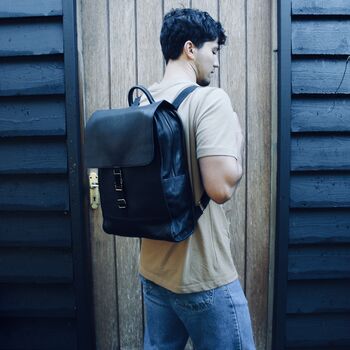 Black Leather Laptop Backpack Bag With Gunmetal Zip, 5 of 10