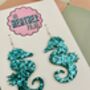 Teal Large Seahorse Glitter Resin Earrings, thumbnail 3 of 4