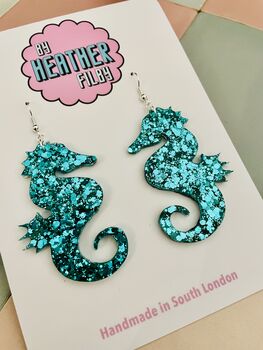 Teal Large Seahorse Glitter Resin Earrings, 3 of 4