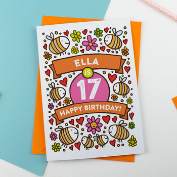 Personalised Bee's Illustrated 17th Birthday Card, 2 of 2