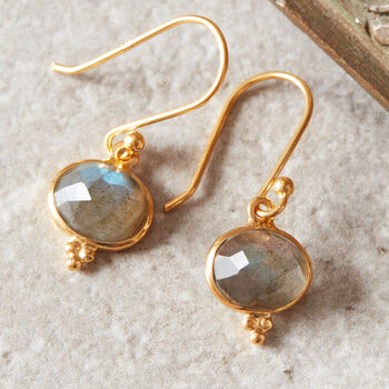 Blue Chalcedony Oval Gold And Silver Drop Hook Earrings, 9 of 11