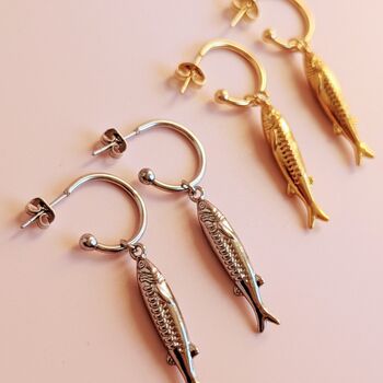 Sardine Charm Gold Plated Or Silver Tone Hoop Earrings, 3 of 5