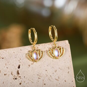 Sterling Silver Lotus Flower Huggie Hoop Earrings With Lab Moonstone, 3 of 11