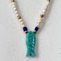 Carved Fish Necklace With Blue Details And Freshwater Pearls, thumbnail 3 of 5