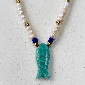 Carved Fish Necklace With Blue Details And Freshwater Pearls, 3 of 5