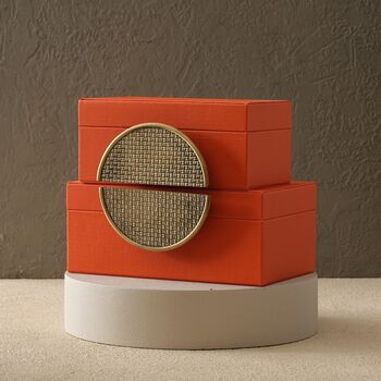 Handmade Burgundy Leather Box Set With Brass Half Moon Handles, 2 of 6