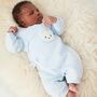 Personalised Blue Ribbed Teddy Boucle Wrap Baby Romper, thumbnail 1 of 4