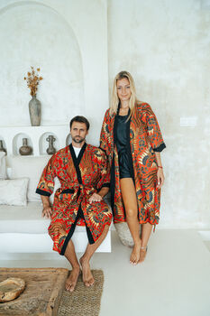 Men's Batik Kimono Robe In Red, 7 of 11