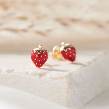 Enamel Strawberry 9ct Gold Stud Earrings, 3 of 5