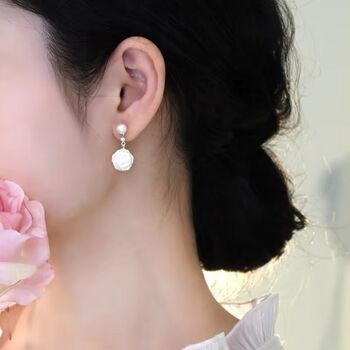 Kimberley Roses White Ivory Silver Pearl Ball Drop Flower Earrings, 5 of 5