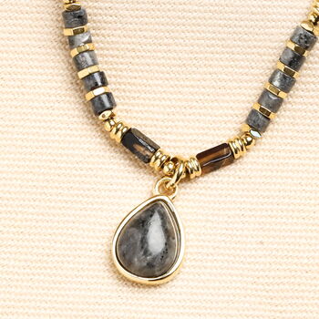 Semi Precious Black And Grey Beaded Pendant Necklace In Gold, 2 of 5
