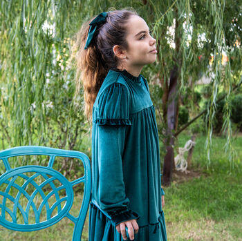 Emma Girls Velvet Dress With Matching Hair Clip, 3 of 5
