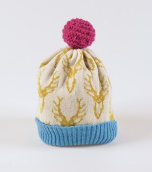 Bright Lambswool Knitted Stag Bobble Hat, 9 of 11