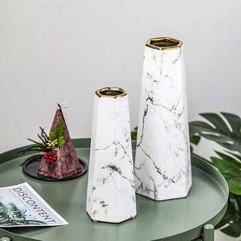 White Vase With Gold Finish Marble Ceramic Flower Vase, 9 of 12