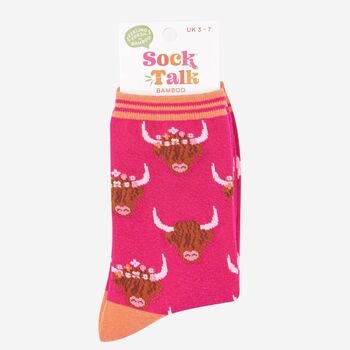 Women's Highland Cow Bamboo Socks Pink, 4 of 4