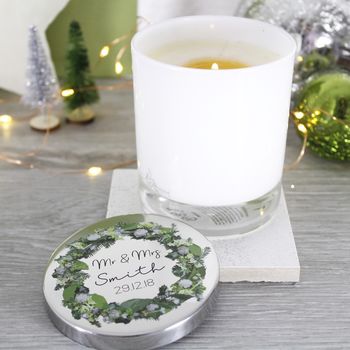 Mr And Mrs Wedding Wreath Scented Candle With Lid, 7 of 9