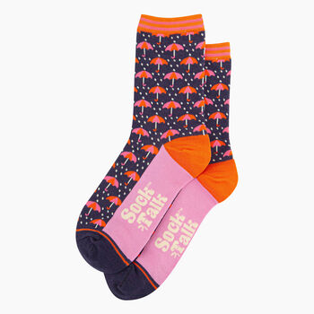 Women's Bamboo Socks Navy Umbrellas And Raindrops, 2 of 5