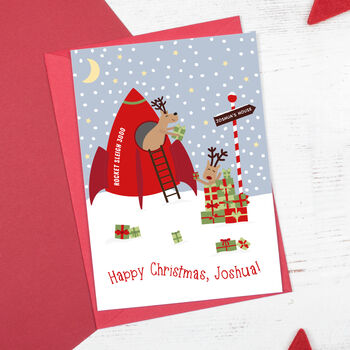 Reindeer Rocket Personalised Children's Christmas Card, 2 of 5