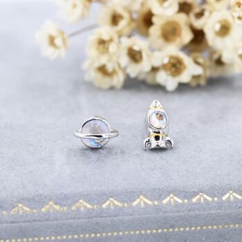 Mismatched Rocket And Planet Stud Earrings In Sterling Silver, 4 of 11