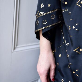 Black And Gold Small Geo Print Viscose Long Summer Jacket, 4 of 5